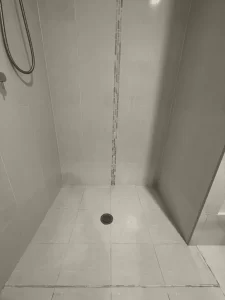 Photo of shower tiles that need new grout as existing grout is cracked and dirty.