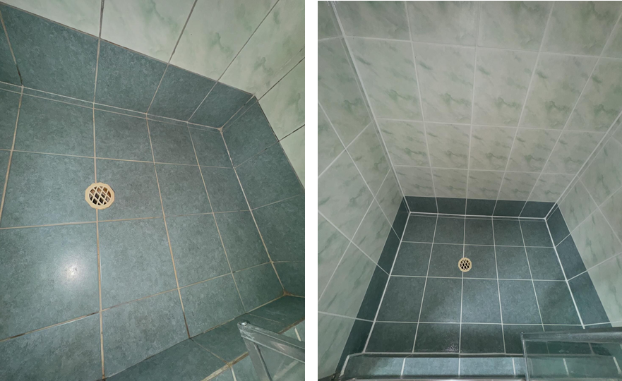 A before and after photo of a shower base being regrouted.