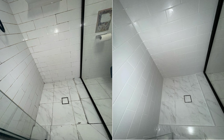 A shower fully regrouted wall and floor tiles.