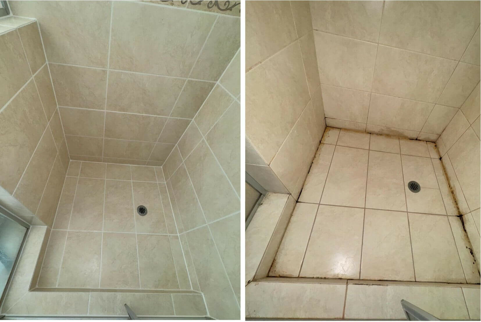 Before and after image showing a full shower regrouted and sealed during a leaking shower repair in Crawley