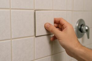 Loose tile on shower wall.