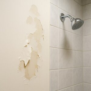 Peeling paint on bathroom wall.