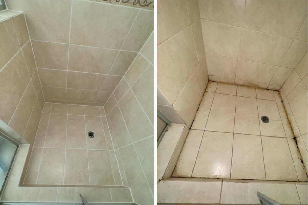 Before and after of a shower repaired with our regrouting services.
