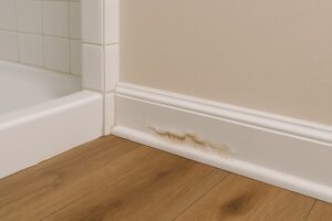 A swollen skirting board in a bathroom