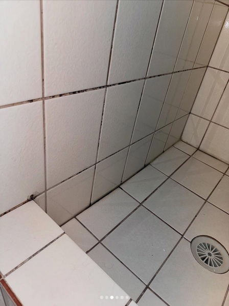 A leaking shower with mouldy and cracked tiles.