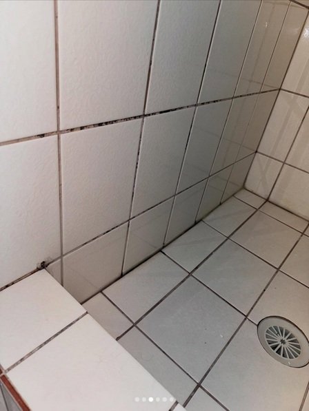 A leaking shower with mouldy and cracked tiles.