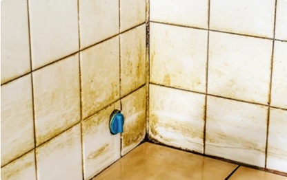 Stained old grout and stained tiles in a shower