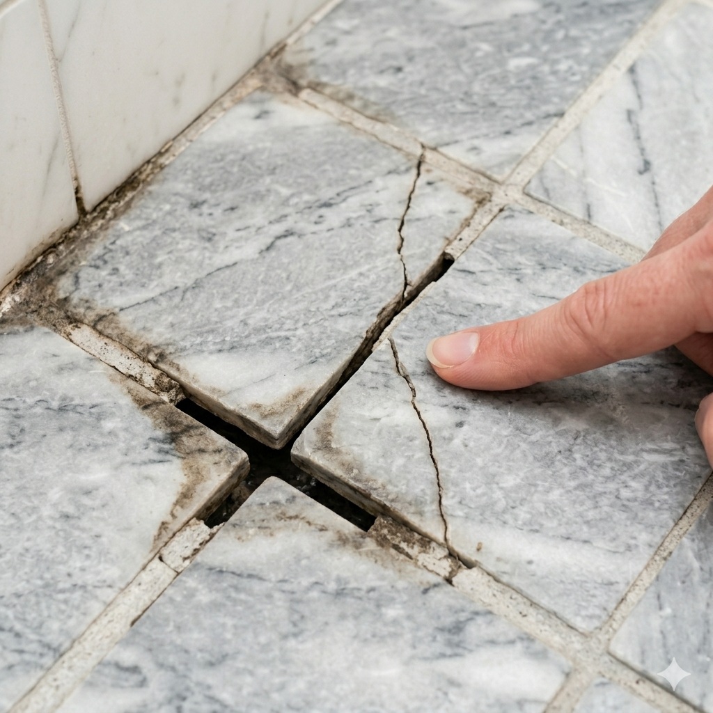 Cracked and loose drummy bathroom tiles in a Perth home indicating water damage beneath the tile bed