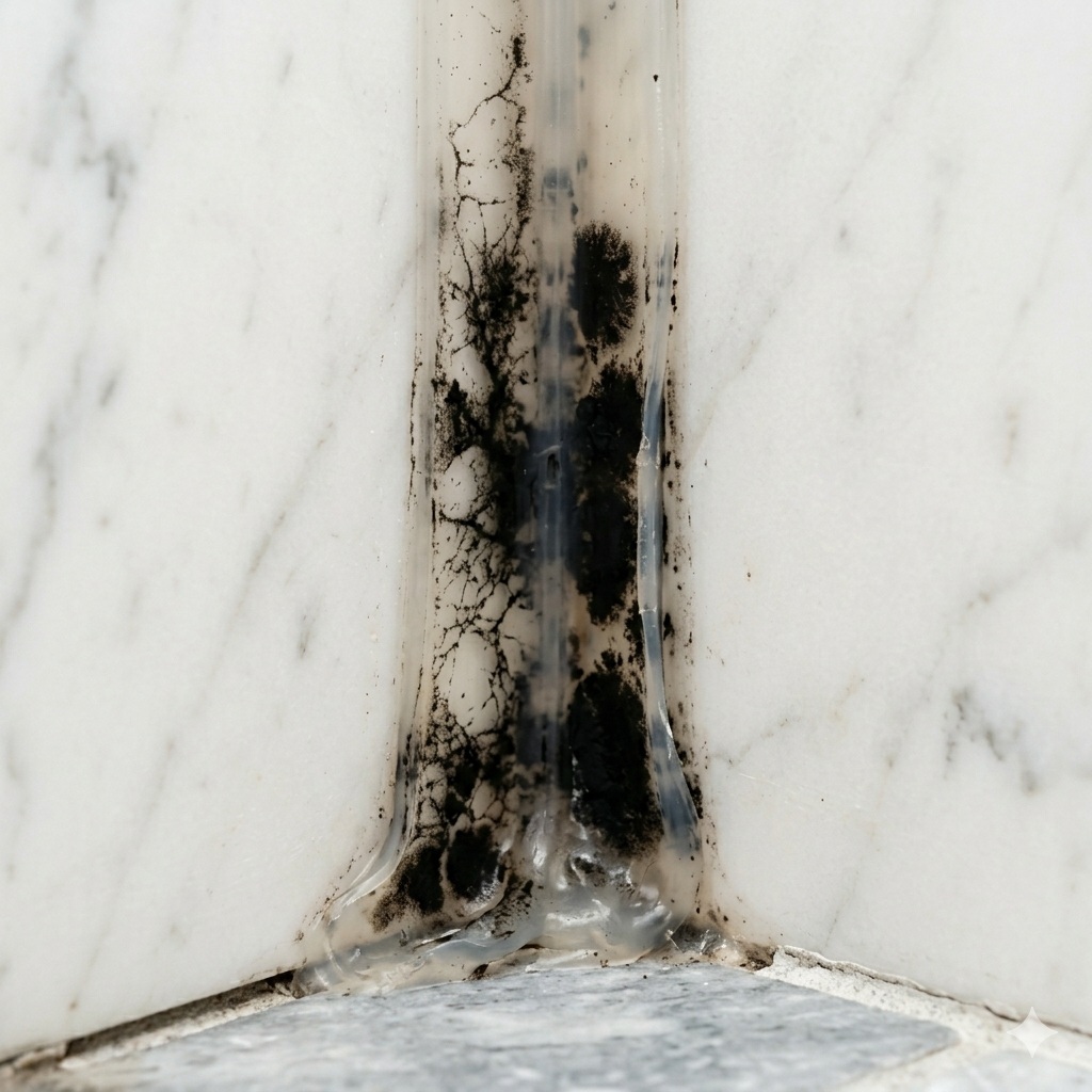 Black mouldy grout and silicone in a Perth shower indicating ongoing water leak requiring specialist repair