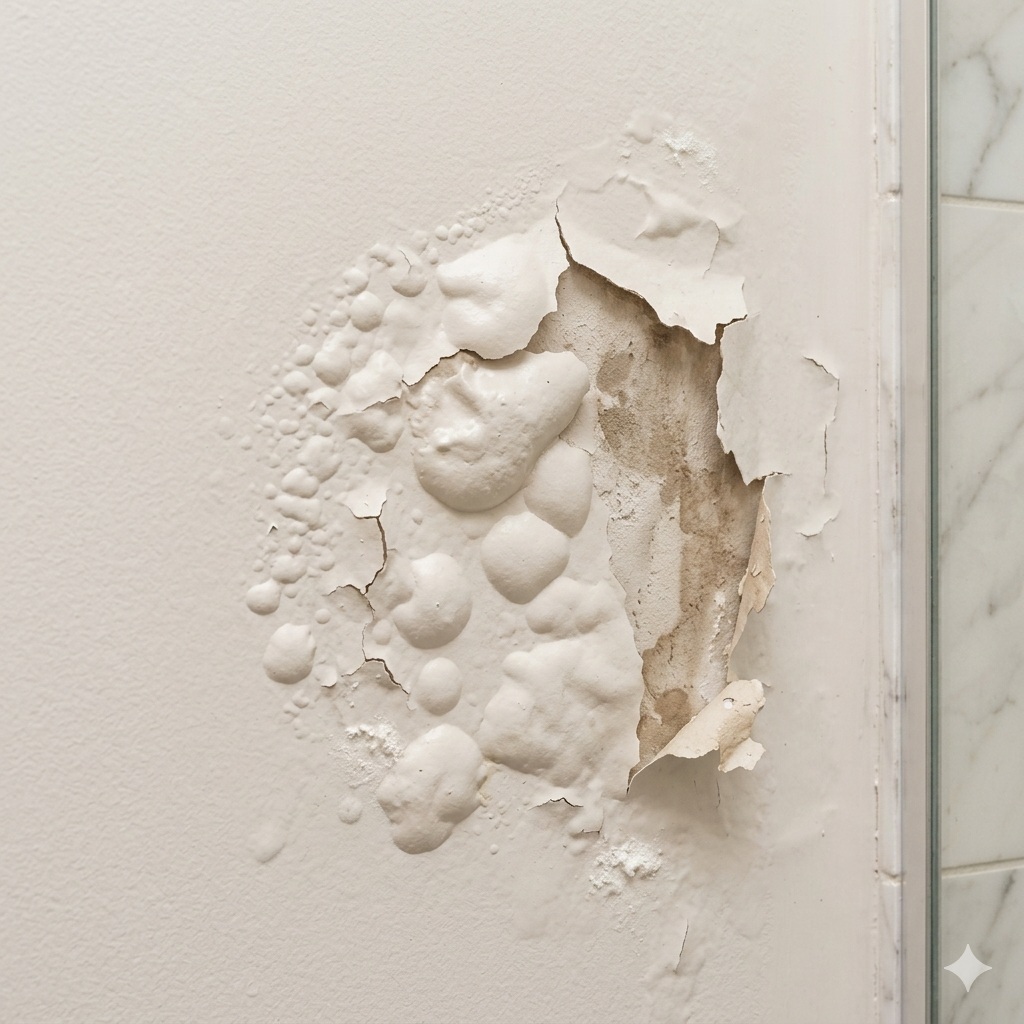 Paint bubbling and peeling on a bathroom wall in a Perth home caused by a leaking shower behind the tiles