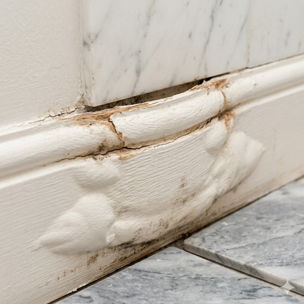 Swollen and warped timber skirting boards in a Perth home caused by ongoing water leak from a nearby shower