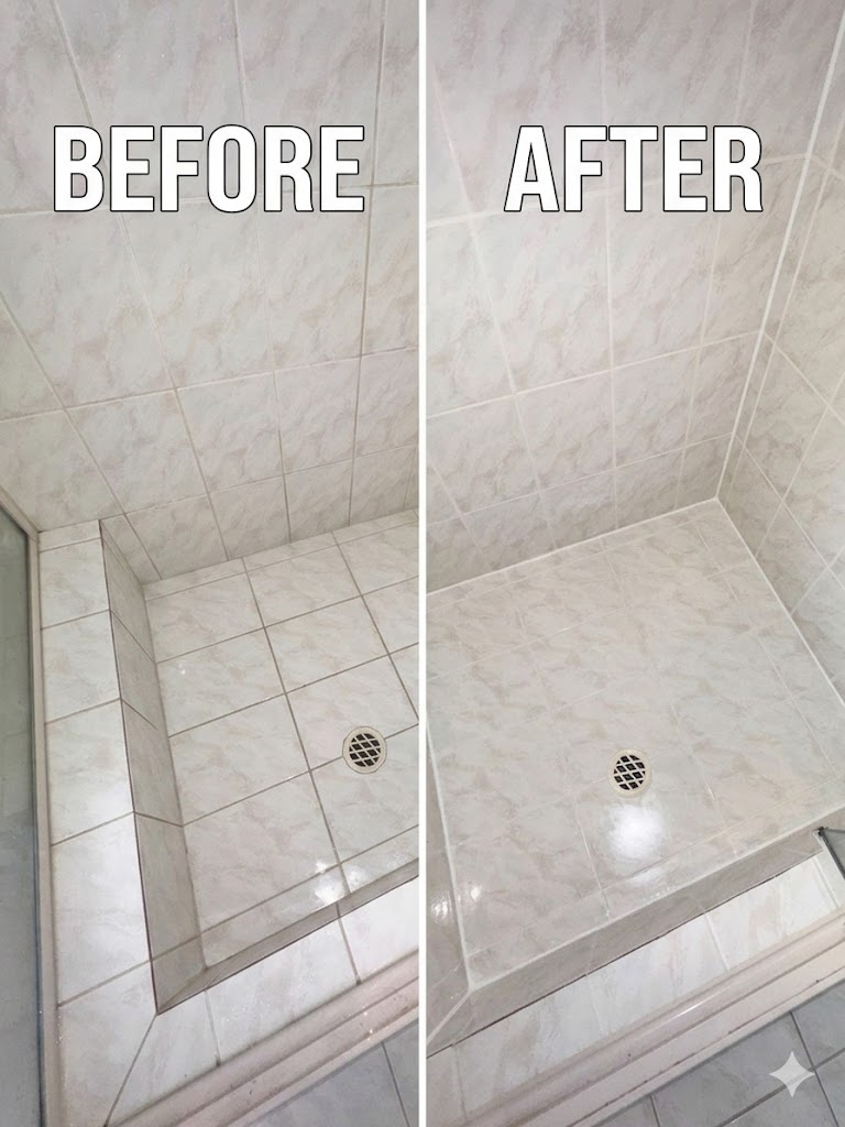 Leaking shower floor before and after professional regrouting repair completed by Regrouting Rescue Perth